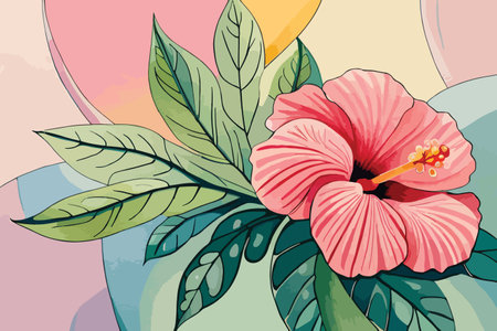 Hibiscus flower with leaves, vector illustration in retro styleのイラスト素材