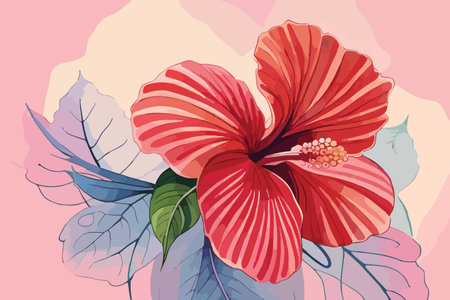 Red hibiscus flower with leaves on pastel background.のイラスト素材