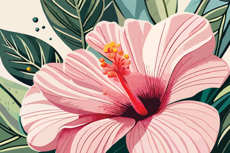 Vector illustration of pink hibiscus flower on green leaves background.のイラスト素材