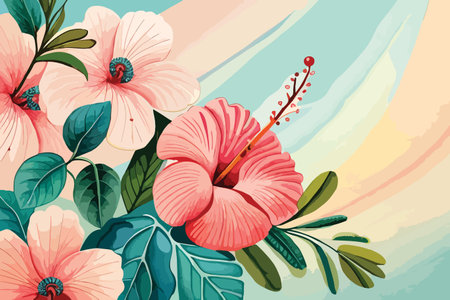 Beautiful hibiscus flowers on colorful background. Vector illustration.のイラスト素材