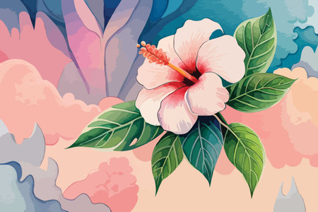 Hibiscus flower with leaves and clouds. Vector illustration.のイラスト素材