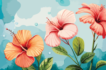 Illustration of hibiscus flowers on watercolor background.のイラスト素材