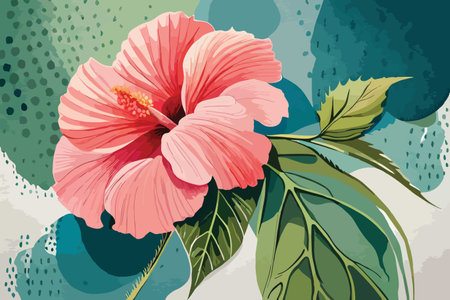 Pink hibiscus flower on green background. Vector illustration.のイラスト素材