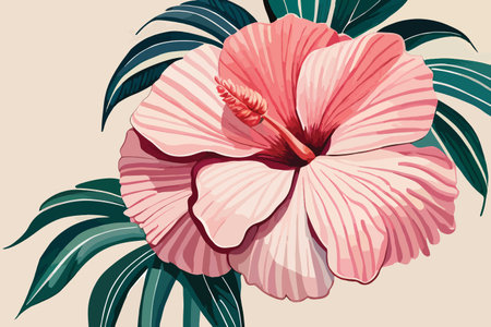 Hibiscus flower with palm leaves. Vector illustration in vintage style.のイラスト素材