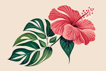 Hibiscus flowers with leaves. Vector illustration in retro style.のイラスト素材