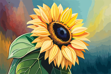 Illustration of a sunflower with a blue sky in the backgroundのイラスト素材