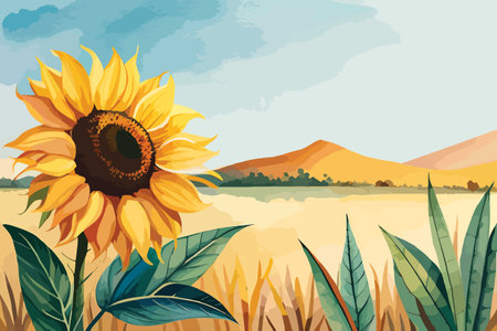 Sunflower in the meadow. Vector illustration in flat style.のイラスト素材
