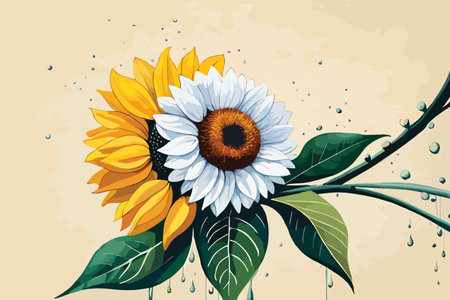 Sunflower bouquet with water drops on beige background. Vector illustration.のイラスト素材