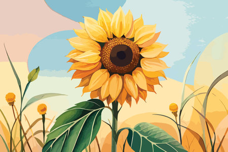 Sunflower in the field with sunflowers. Vector illustration.のイラスト素材