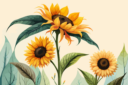 Sunflowers with leaves. Vector illustration in a flat style.のイラスト素材