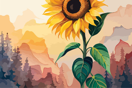 Sunflower with mountains and forest in the background. Vector illustration.のイラスト素材