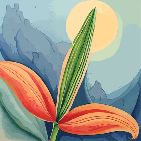 Tropical background with lily flower and mountains. Vector illustration.のイラスト素材