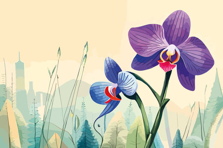 Beautiful purple orchid on the background of the mountains. Vector illustration.のイラスト素材