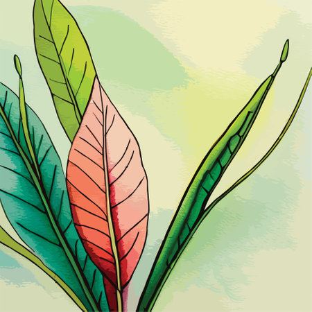 Hand drawn vector illustration of a green and red tropical leaves background.のイラスト素材
