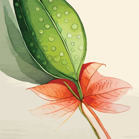 Illustration of a red flower with green leaves on a wooden backgroundの写真素材