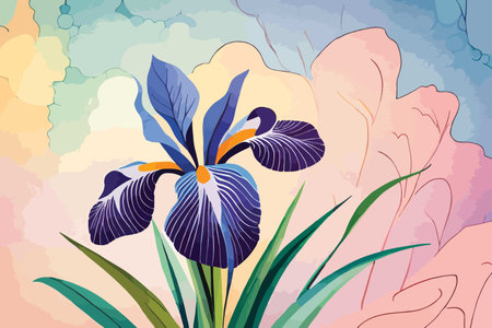 Blue iris flower with leaves on abstract background. Vector illustration.のイラスト素材