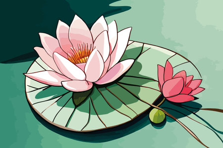 Illustration of a pink water lily on a green background.のイラスト素材