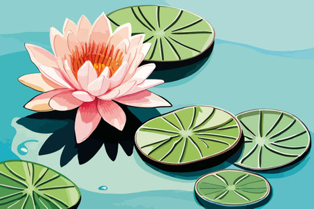 Lotus flower and green leaves on the water. Vector illustration.のイラスト素材