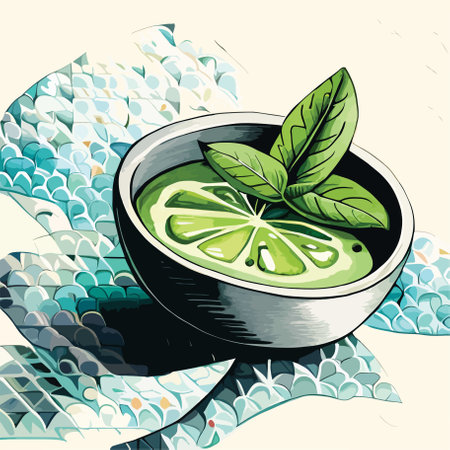 Illustration of a bowl of lemonade with lime and basil leavesのイラスト素材