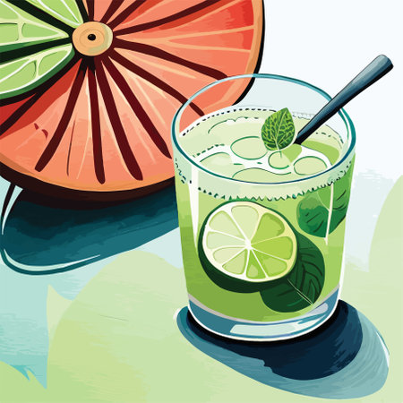 Vector illustration of a glass of lemonade with lime and mint.のイラスト素材