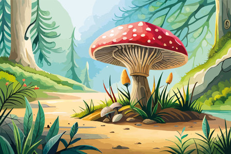 Illustration of a mushroom growing in the forest on a sunny dayのイラスト素材