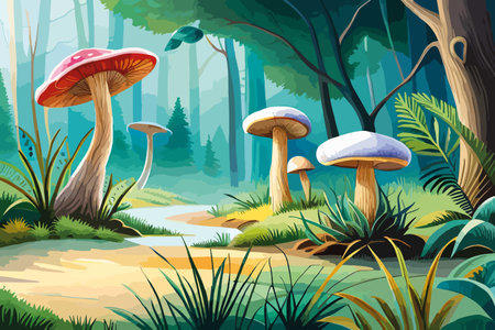 Illustration of a beautiful forest landscape with mushrooms on a sunny dayのイラスト素材
