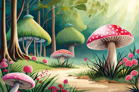 Illustration of a beautiful forest landscape with a mushroom in the foregroundのイラスト素材