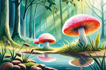 Mushroom in the forest. Vector illustration of a beautiful forest landscape.のイラスト素材