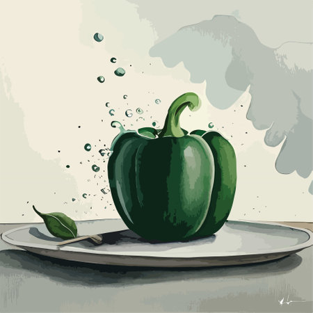Illustration of green paprika on a plate with water splashesのイラスト素材