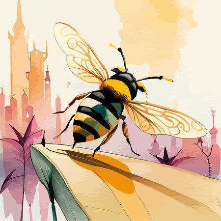 Bee on the roof of a building in the city. Vector illustration
