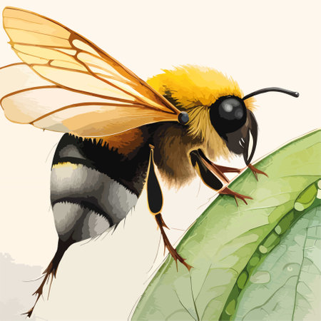 Illustration of a bee on a green leaf. Vector illustration.のイラスト素材