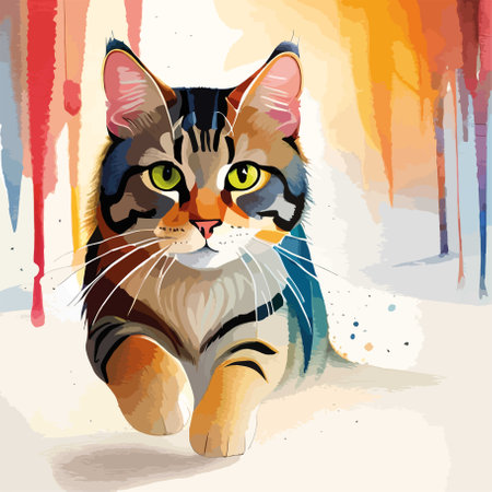 Vector illustration of a cat on a background of watercolor splashesのイラスト素材