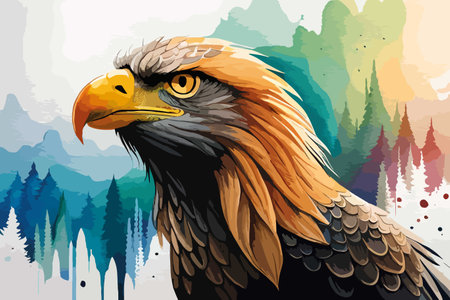 Bald eagle on the background of the forest. Vector illustration.のイラスト素材
