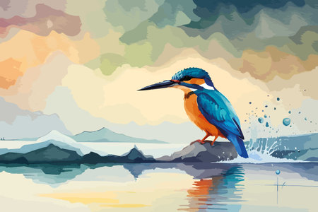 Illustration of a kingfisher on a rock in the waterのイラスト素材