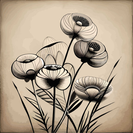 Poppy flowers on old paper background. Hand drawn vector illustration.のイラスト素材