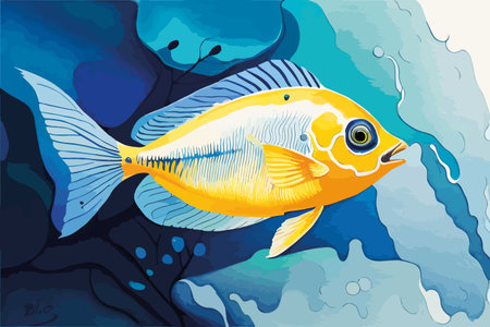 Illustration of a yellow fish on a blue background. Vector illustrationのイラスト素材