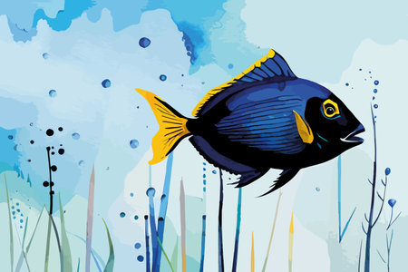 Illustration of a blue tropical fish on a blue water background.のイラスト素材