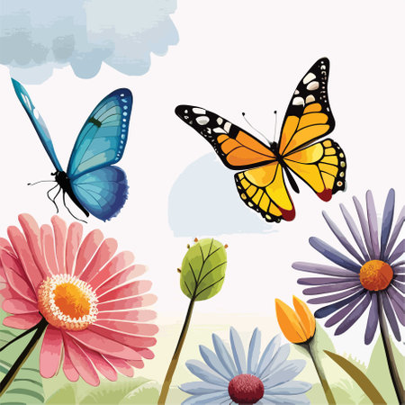 Flower background with butterflies and flowers. Vector illustration. EPS10のイラスト素材