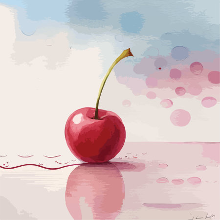 Illustration of a cherry on a watercolor background with water dropsのイラスト素材