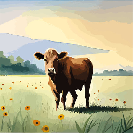 Cow in the meadow. Vector illustration of a cow in the field.のイラスト素材