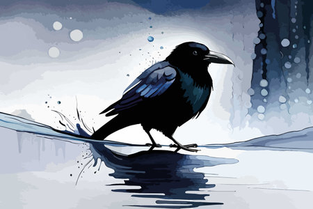 Illustration of a crow sitting on a water surface in winter.のイラスト素材