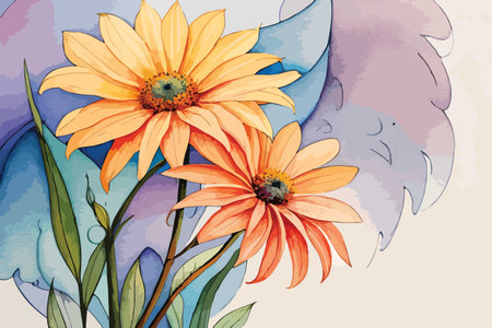 Hand drawn vector abstract floral background with orange daisy flowers and feathersのイラスト素材