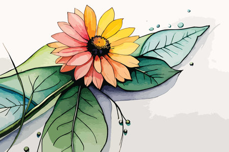 Illustration of sunflower with leaves and water drops on white backgroundのイラスト素材