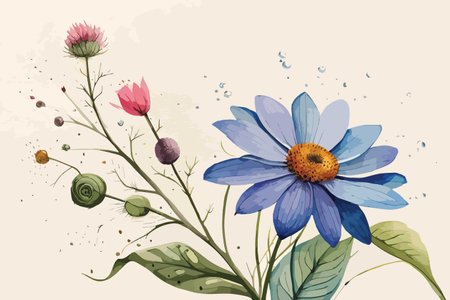 Vector floral background with blue daisies, flowers and leaves.のイラスト素材