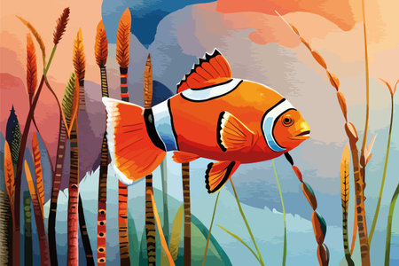 Illustration of an orange clownfish on a background of the seaのイラスト素材