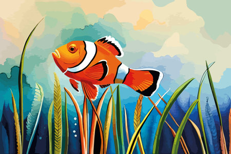 Clown fish in the pond. Vector illustration in cartoon style.のイラスト素材