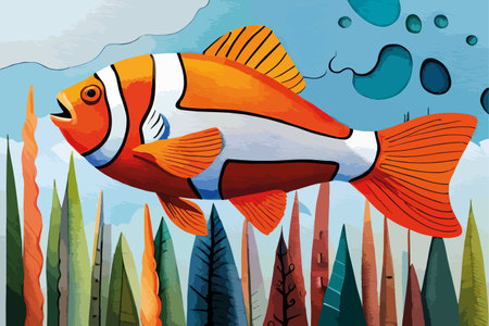 Clown fish in the pond illustration. Cartoon style, vector.のイラスト素材