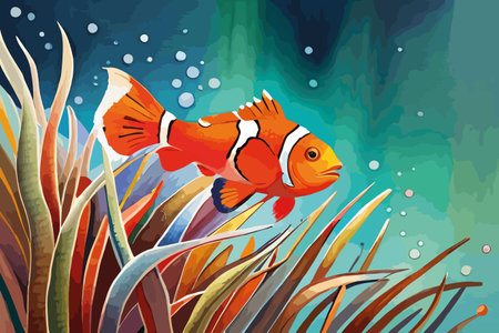 Anemone fish swimming in the sea. Vector cartoon illustration.のイラスト素材