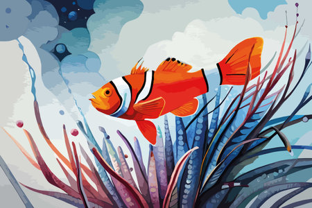 Illustration of an orange clownfish on the background of the seaのイラスト素材