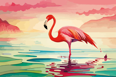 Flamingo on the background of the sea. Vector illustration.のイラスト素材
